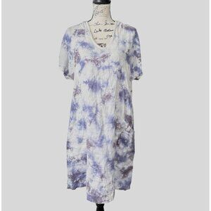 XCVI Larken Dress Linen Hooded Tie-Dye Short Sleeve Blue Purple Lagenlook Size M